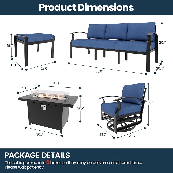 Aluminum Outdoor Patio Furniture Set,6 Pieces 5 Seats Patio Conversation Sets with 45" Propane Fire Pit Table,Metal Furniture Set with 2 Swivel Rocking Chairs & 2 Ottomans,Navy Blue