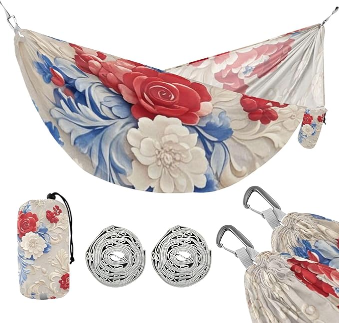 Red and Blue Flowers 330lb Capacity Outdoor Hammock with Portabl Carry Bag Rope Hammock for Patio Backyard Lounge Base Base para hamacas