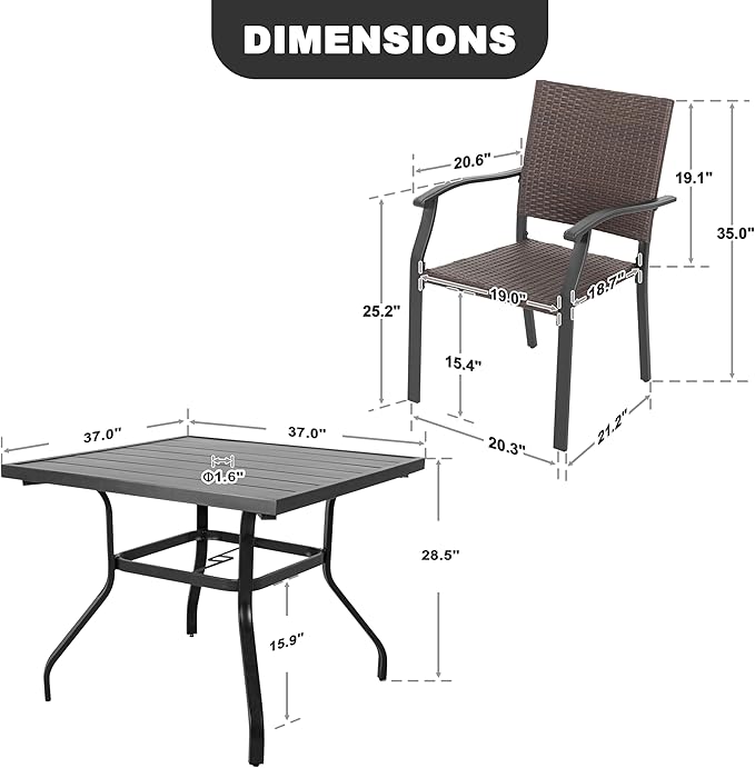 NUU GARDEN Outdoor Dining Set 5-Piece Patio Dining Set with Umbrella Hole, Weather-Resistant Iron Table with 1.57'' Umbrella Hole and 4 Wicker Chairs for Yard, Deck and Poolside, Black
