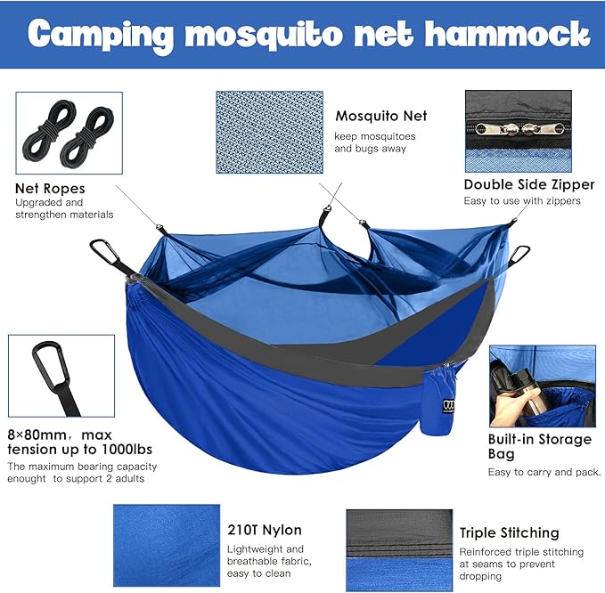 Gold Armour Camping Hammock - Camping Essentials, Double Hammock with Bug Net, Camping Gear Hammock for Outside, Hiking, and Travel (Blue & Gray)