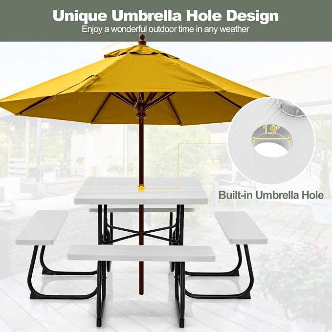 POWERSTONE Picnic Tables with Benches for 8, Outdoor HDPE Picnic Table with Umbrella Hole, Heavy Duty 35" Portable Dining Set Camping Table for Backyard, Patio, Park(White)