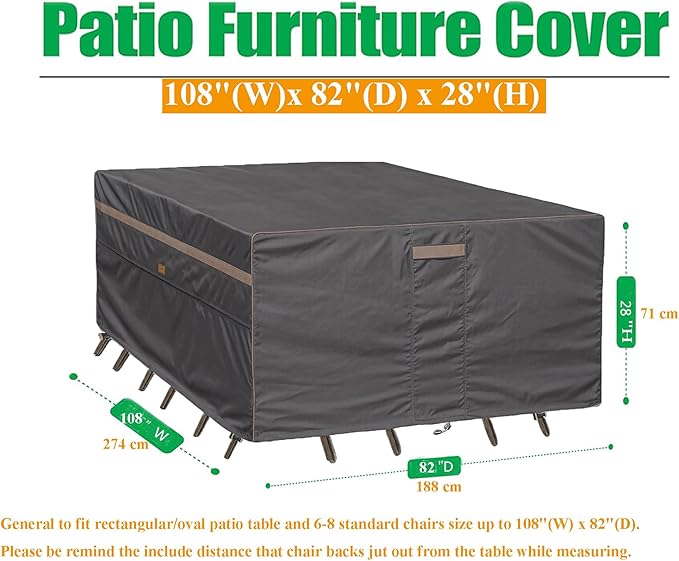 Heavy Duty Waterproof Patio Furniture Covers UV Resistant Rectangular Outdoor Table and Chair Covers 110" Wx 83" D x 28" H Dark Grey