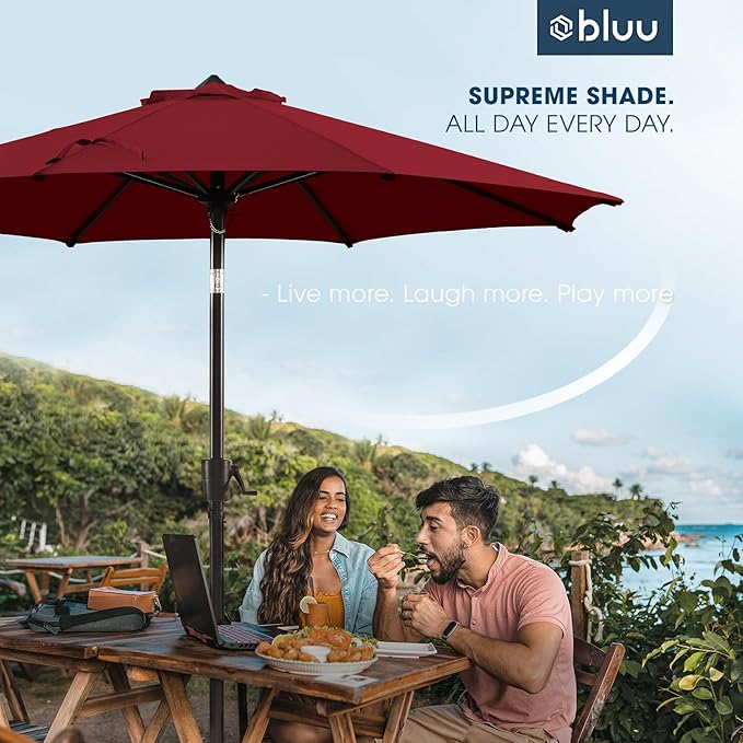BLUU MAPLE 9FT Olefin Patio Umbrella Outdoor Table Umbrellas, 36 Month Fade Resistance Olefin Canopy, Market Center Umbrellas with 8 Strudy Ribs & Push Button Tilt for Garden, Lawn & Pool, Burgundy red