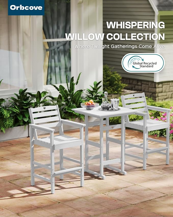 5-Piece Bar Height Patio Table and Chairs Set, HDPE Wood Grain Outdoor Bar Table and Chairs with Heart Cutout Design, Weather-Resistant Bar Height Furniture for Deck, Porch, Pool (White)