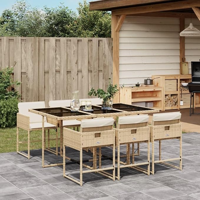 7 pcs Set Patio Dining Set & Garden Dining Set Beige PE Rattan Outdoor Patio Furniture Set Balcony Furniture for Front Porch Lawn Backyard 65 x 41.7 x 28.7 in