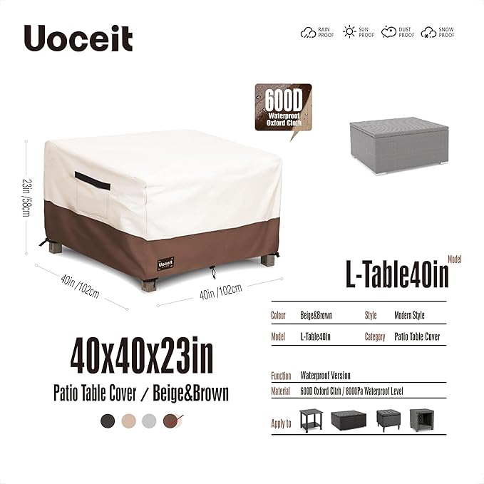 Square Patio Table Covers,40Wx40Dx23H Inches 100% Waterproof 600D Heavy Duty Outdoor Rectangular Side Table Cover,Beige&Brown Modern Style Outdoor Furniture Cover