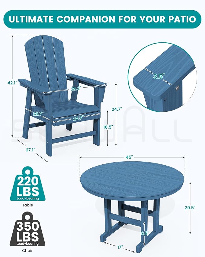 SERWALL 5-Piece Patio Dining Sets, HDPE Outdoor Table and Chairs Furniture Set, 45" Round Dining Table and 4 Adirondack Dining Chair, Navy