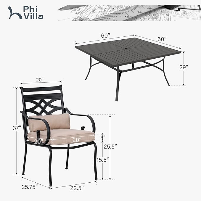 PHI VILLA 9 Pieces Outdoor Dining Set for 8, 60" Square Black Metal Table with Umbrella Hole & Wrought Iron Chairs, Large All Weather Outside Furniture with Cushions & Pillows for Patio, Porch, Deck