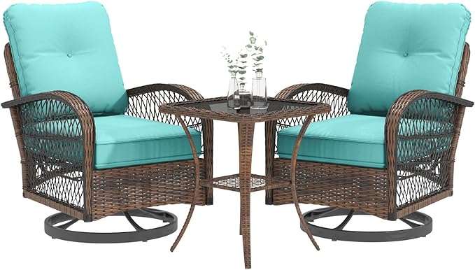 EROMMY 3 Pieces Patio Furniture Set, Outdoor Swivel Rocker Patio Chairs, Wicker Patio Bistro Set with Rocking Chair, Thickened Cushions and Glass Coffee Table for Backyard, Garden, Blue