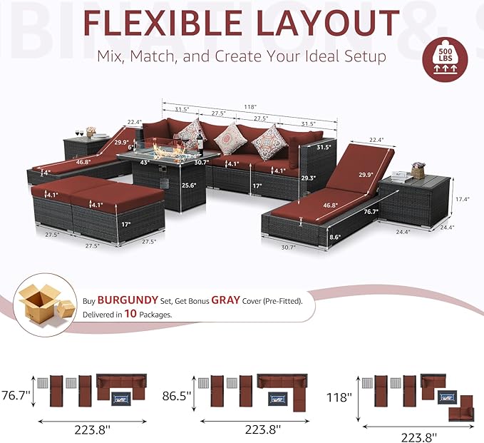 NICESOUL 11 Piece Sectional Outdoor Set with Chaise Lounge, Extra Large Backyard Seating with Firepit, 29.3'' Highback Patio Couch Sofa, Heavy Duty All-Weather Wicker Furniture for Deck, Grey & Red