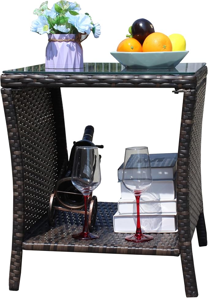 IRONORA Outdoor Wicker Side Table Patio Side Tables for Outside, Tempered Glass Top Wicker Table with Storage End Table for Balcony Porch Deck