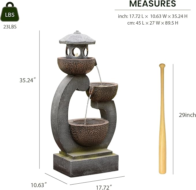 Tankana 36 inches Garden Water Fountain Outdoor Zen Pagoda Japaness Modern Tranquil Waterfalls Fountains Bowl with LED Lights & Pump for Patio Yard Porch Deck Home Decor Gray