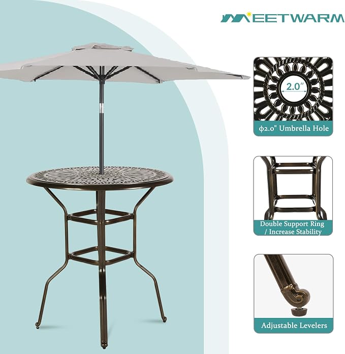 MEETWARM Patio Height Bar Table, 35.4" Bar Height Bistro Table, Outdoor Cast Aluminum Bistro Round High Top Dining Table with 2" Umbrella Hole for Garden Deck Backyard, Dark Bronze