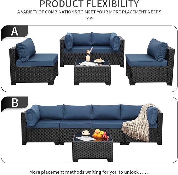 WAROOM Outdoor 5 Piece Patio Furniture Set, Black Rattan Conversation Couch Resin Wicker Sectional Sofa Outside Chair with Coffee Table, Navy Blue Cushion