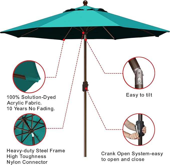 EliteShade USA 10-Year-Non-Fading 9Ft Market Patio Umbrella, UPF 50+ UV Protection Performance Sun Umbrella, Heavy Duty Commercial Grade Outdoor Table Umbrella with Crank & Tilt, Windproof Vented Top for Garden, Pool, Deck and Outdoor Playsets, Teal