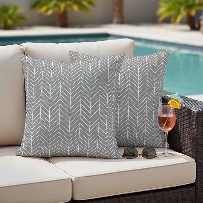 Outdoor Waterproof Throw Pillow Covers Set of 2 Grey Chevron Stripes Pillowcases 16x16 Inches Modern Geometric Texture Decorative Pillows Cushion Case Patio Pillows for Couch Bed Chair Garden