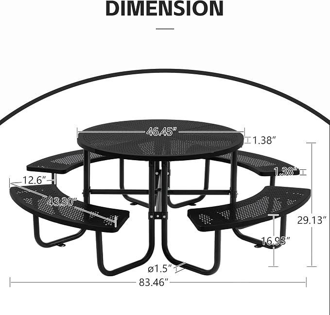 46" Outdoor Round Perforated Picnic Table Metal Camping Table with Umbrella Hole - Heavy Duty Steel Mesh Picnic Bench Set for Backyard Garden Deck, Black