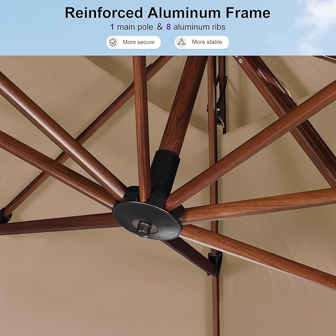 PURPLE LEAF 10' X 13' Double Top Deluxe Wood Pattern Rectangle Patio Umbrella Offset Hanging Umbrella Outdoor Market Umbrella Garden Umbrella, Beige