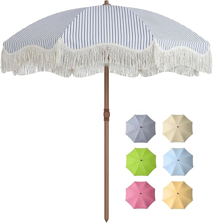 7FT Patio Umbrella with Fringe, Outdoor Tassel Umbrella with Fiberglass Ribs, Boho Beach Umbrella, Push Button Tilt and Carrying Bag, UPF50+