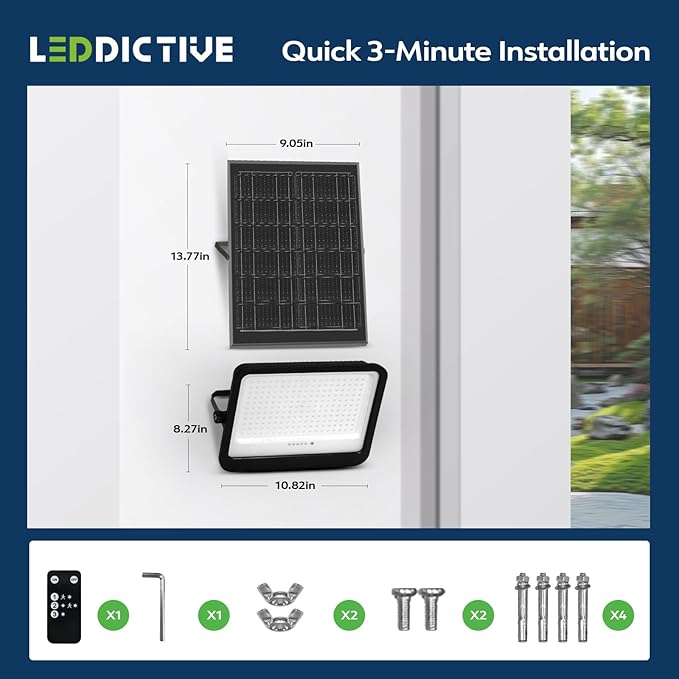 Leddictive LED Solar Lights Outdoor 7000K, 3500LM Solar Powered Flood Lights with 3 Modes, Dusk to Dawn Outdoor Lighting with Remote, IP65 Waterproof, 16.4 Ft Cable for Yard Garage Porch
