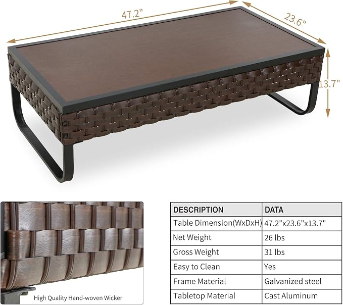 Rectangle Patio Coffee Table Outdoor Wicker Furniture with U Shape Steel Leg for Garden, Porch, Balcony, Deck (47.2" W x 23.6" D x 13.7" H)
