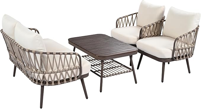 Christopher Knight Home Lena Patio Conversation Set, Two Club Chairs, Rope Woven Loveseat, Metal Frame Armchair, Rectangular Coffee Table, Outdoor Side Table and Chair Set for Backyard, Brown+Beige