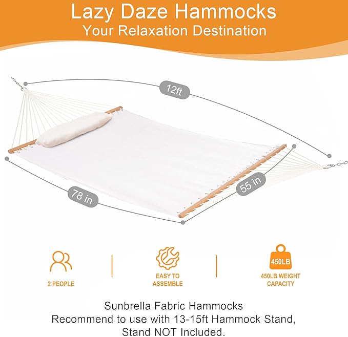 Lazy Daze Hammocks 12 FT Sunbrella Fabric Hammock not Fading with Spreader Bars and Free Pillow Fits for 2 Persons, All Weather and Fade Resistant for Patio Yard, 450 lbs Capacity, Cast Pumice