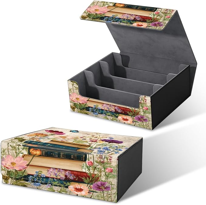 Large Card Deck Box for MTG, Fits 1200+ Sleeved Cards, PU Leather Storage Case with Strong Magnetic Closure, Multiple Colors for TCG CCG Baseball Card Collections, Vintage Flower Books