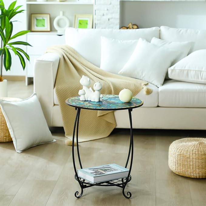 Cinnvoice Outdoor Side Table Round Small Mosaic Patio Accent Indoor End Plant Coffee Tea Table for Yard Patio Porch Garden Living Room, Bedroom(Butterfly Style,16 Inch)