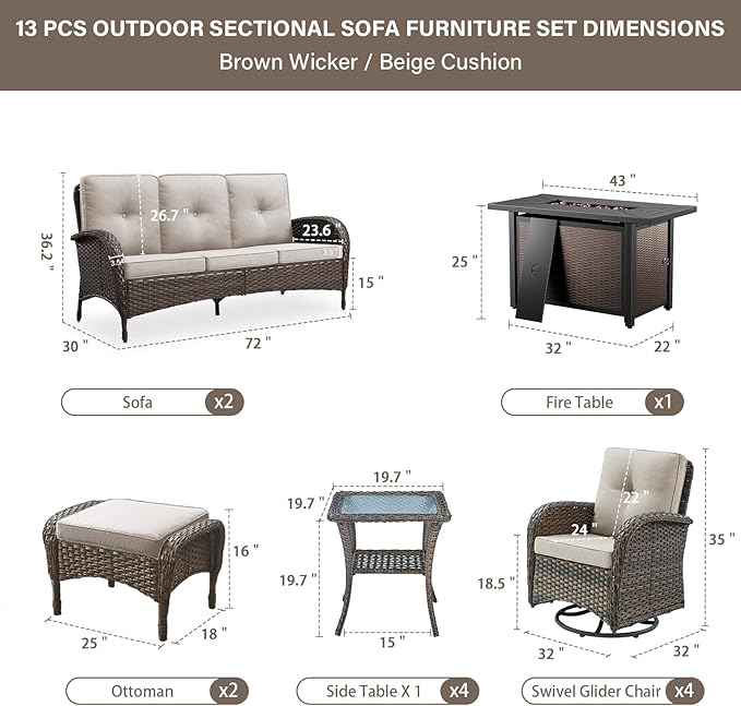 Belord Grand 13 Pieces Outdoor Patio Furniture Set with 4 Swivel Glider Chairs and 50000 BTU Propane Fire Pit Table, Patio Conversation Set with Sofa and Wicker Side Table for Big Garden Backyard