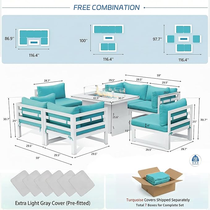 NICESOUL 6 Person Modern Aluminum Outdoor Patio Furniture Set with Fireplace, 29" Wide Deep Seating, Fade & Water Resistant L Shaped Sectional Couch, Large Conversation Set for Backyard Terrace, Teal