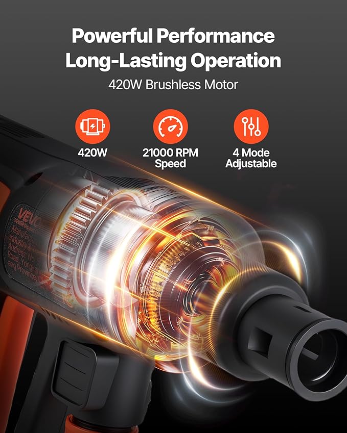 VEVOR Cordless Pressure Washer, 1200PSI MAX Portable Pressure Washer with Brushless Motor, 6-in-1 Nozzle & Water Hose, 4 Speed Adjustable, Battery Powered Handheld Power Cleaner for Home Garden Patio