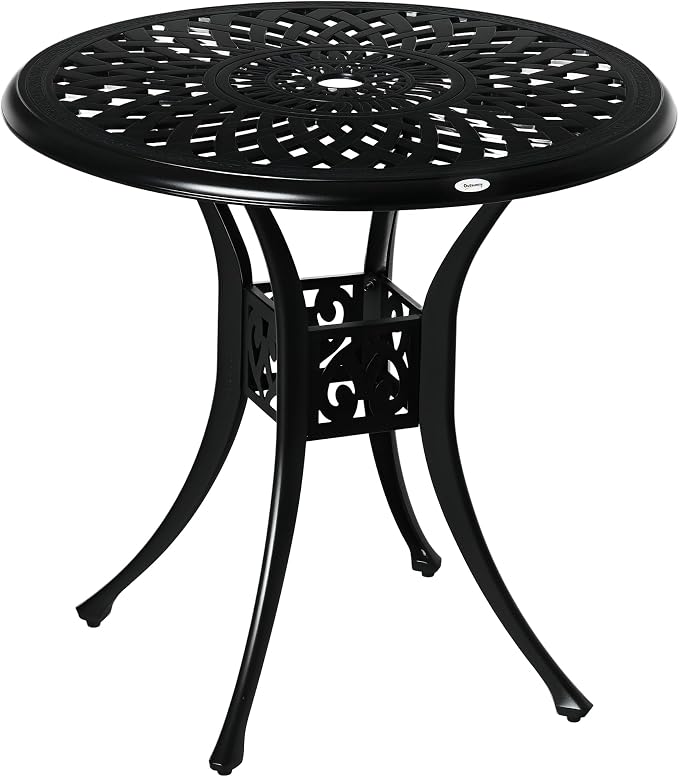 Outsunny 30" Round Patio Dining Table with Umbrella Hole, Antique Cast Aluminum Outdoor Bistro Table Only, Black