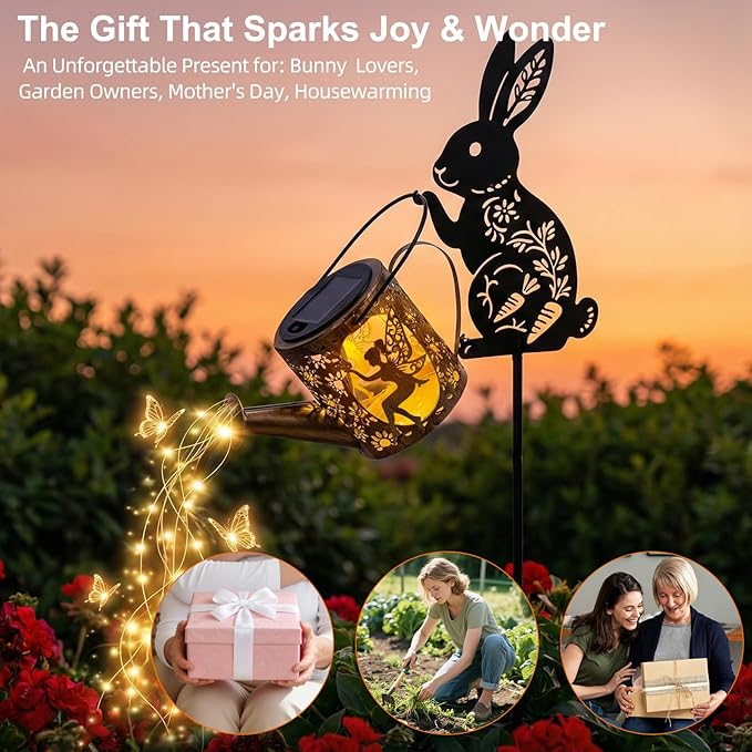 Solar Watering Can Light with Bunny Silhouette Stake & Fairy Design - Cascading LED String Light for Garden Yard Patio Decor, IP65 Waterproof Outdoor Gift for Mom, Women, Birthday, Housewarming
