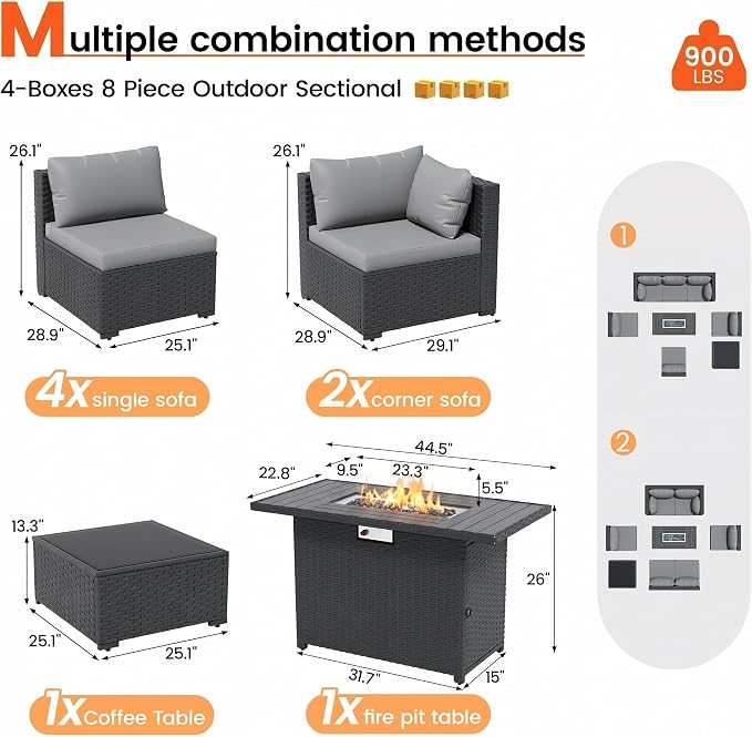 8 Piece Patio Furniture Set with 43" Fire Pit Table, Outdoor Sectional Wicker Sofa Set with Coffee Table (Grey/Black)