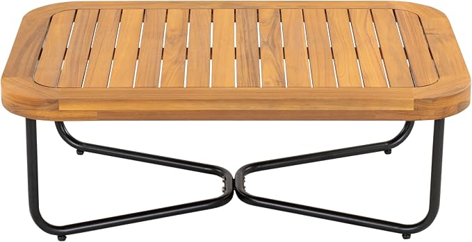 Christopher Knight Home Elly Acacia Wood Outdoor Loveseat and Coffee Table Set, 2 Piece Patio Furniture Set with Metal Frame, Outdoor Conversation Set with Cushion for Backyard, Black+Light Grey+Teak