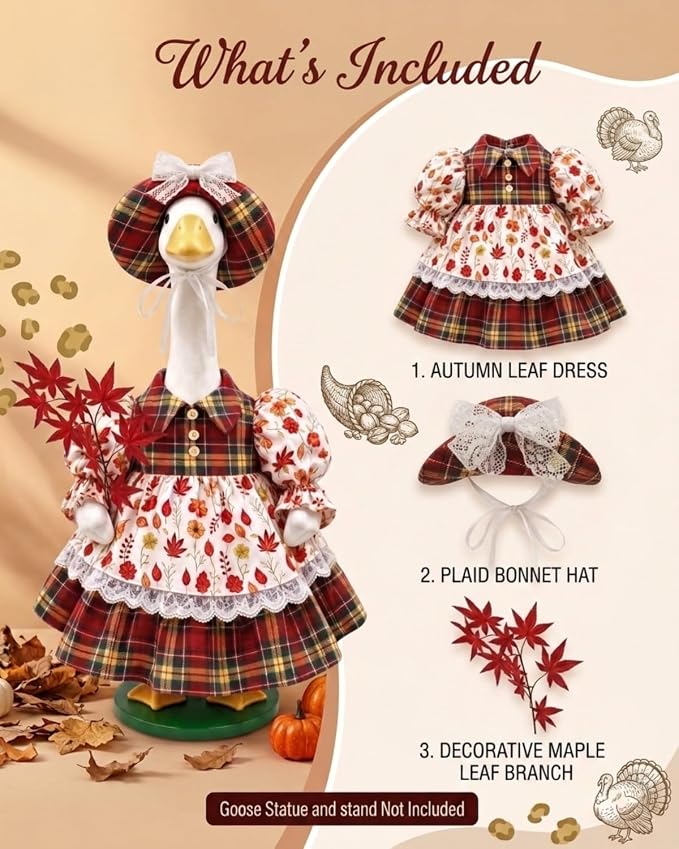 Fall Porch Goose Outfits, 23 Inch Geese Dress with Hat & Maple Leaf | Porch goose thanksgiving outfits for cement goose. Autumn yard decor clothes, thoughtful gift for mom grandma.
