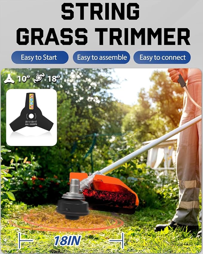 2-in-1 Gas Powered Weed Wacker - 52cc 2-Cycle String Trimmer and Brush Cutter Multi-Tool, 2.2KW 9500RPM Heavy Duty Gas Weed Eater with 18" Trimmer Head & 10" 3T Blade for Yard Care(GT5112)