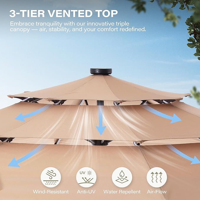 EO Living 10ft Patio Umbrella with Solar LED Lights,3-Tier Wind Resistant Outdoor Market Umbrella with Flexible 8 Ribs & Push Button Tilt, Solar Powered Umbrella for Deck, Poolside, Garden, Beige