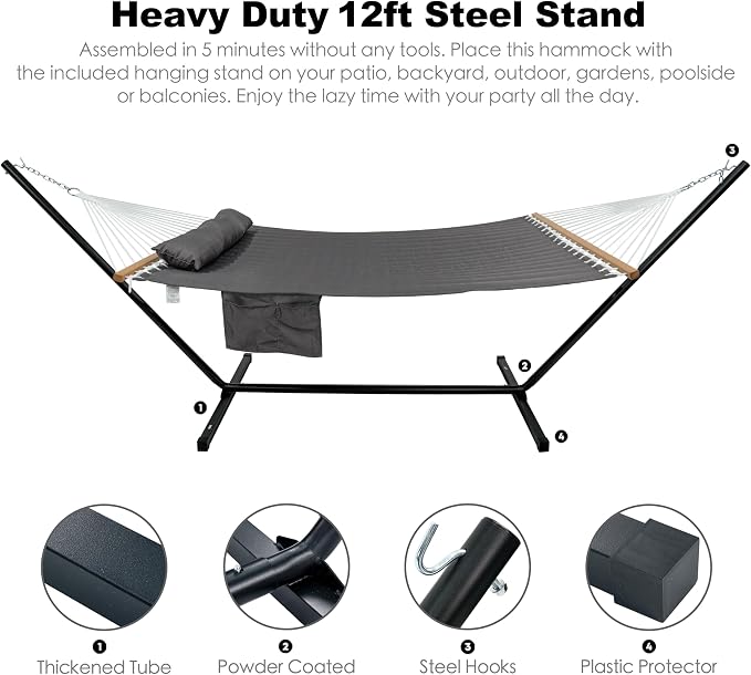 GAFETE 2 Person Hammock with Stand for Outside, Heavy Duty Steel Stand, 55inch Double Hammocks, Large Removable Pillow, Storage Bags, Max 475 lbs Capacity (Dark Grey)
