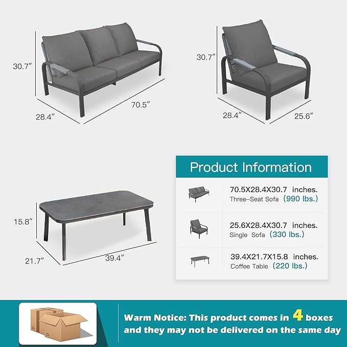 4-Piece Aluminum Outdoor Sofa Set with Coffee Table – 3-Seat Sofa and Rattan-Style Backrests, Perfect for Patio, Balcony, Garden (Grey)