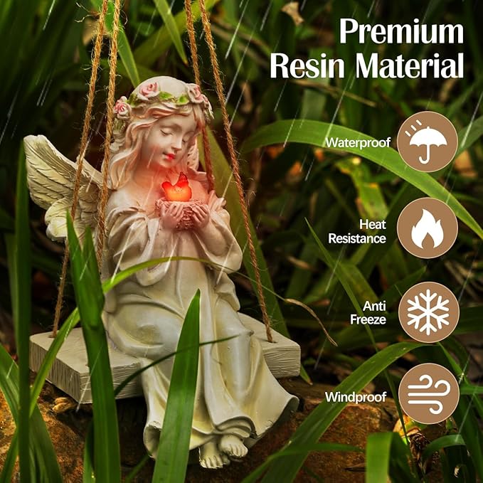 Angel Garden Statue,Fairy Solar Garden Decor with Warm Light | Waterproof Angel Statue with Swing & Holding Bird,Outdoor Garden Decor for Lawn Yard Patio Windowsill Garden Gifts, Apricot
