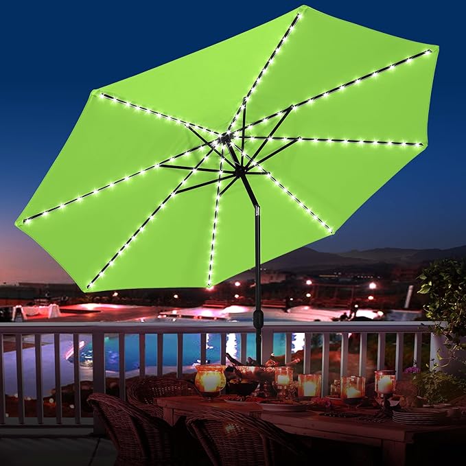 Sundale Outdoor Solar LED Patio Umbrella with Sand Bag Umbrella Base, Outdoor Umbrella with Tilt and Crank, Apple Green