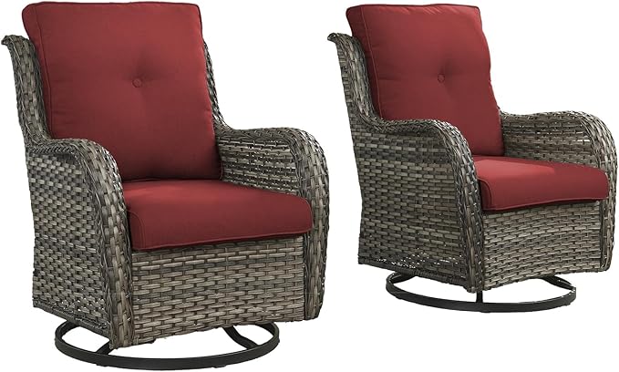 Outdoor Swivel Rocker Patio Chairs-Wicker Patio Swivel Chairs Set of 2 PE Rattan Patio Furniture for Porch Deck Balcony Garden-Grey/Red