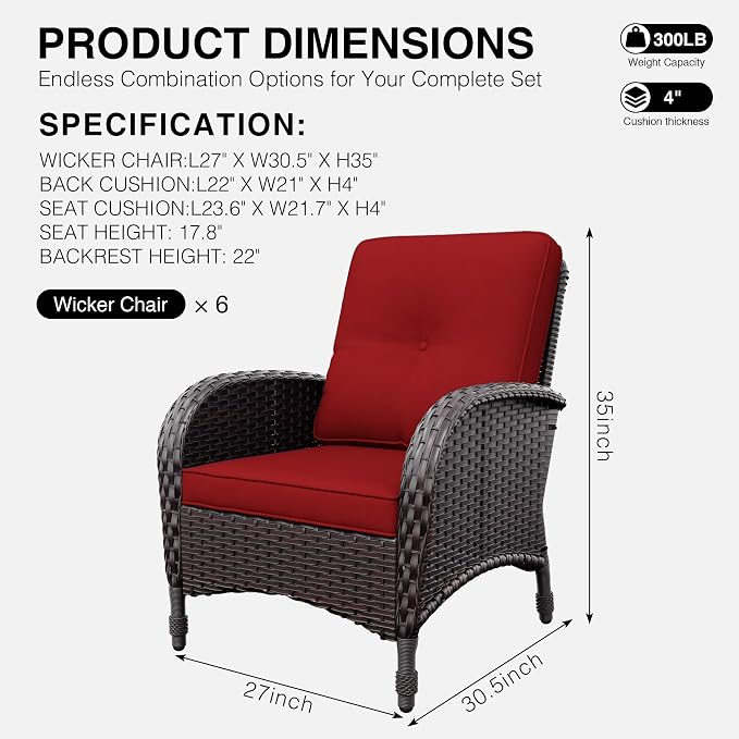 Joyside Wicker Patio Chairs, 6 Piece Rattan Outdoor Furniture with Thickened Cushions, High Back, Deep Seating, Wide Armrest, Outdoor Chairs for Porch, Deck