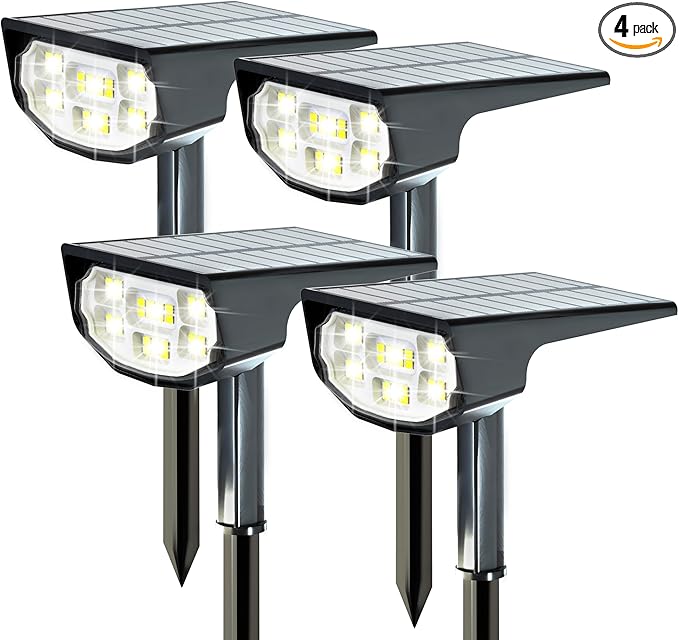 Solar Spot Lights Outdoor IP68 Waterproof, Ultra-Bright Performance，Simple Modes for Easier Operation, Auto On/Off，Solar Powered Landscape Lights for Garden, Yard, Pathway (Cool White, 4 Pack)