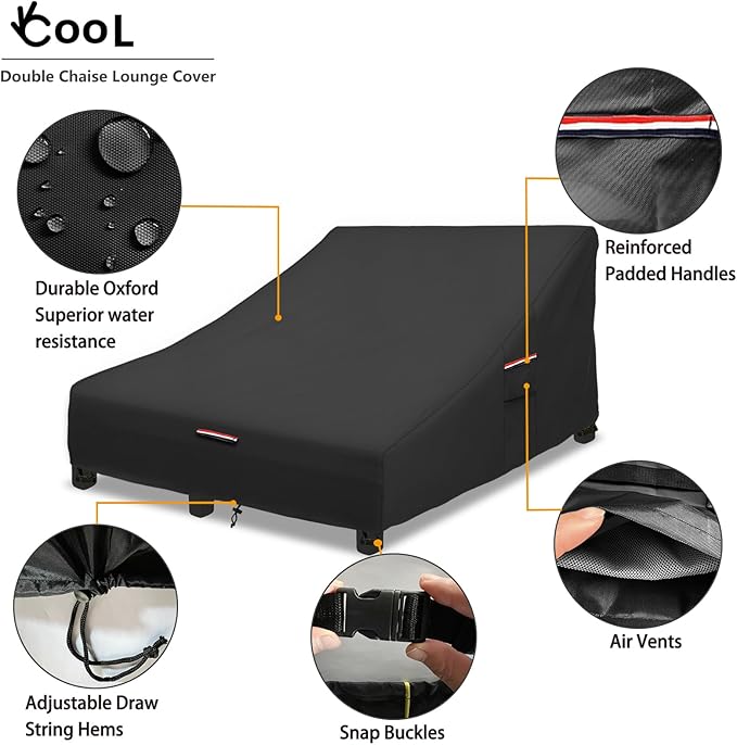 Okcool 100% Waterproof Patio Double Wide Chaise Lounge Chair Cover, 600D Tough Canvas 80 Inch Outdoor Chaise Lounge Covers,Black
