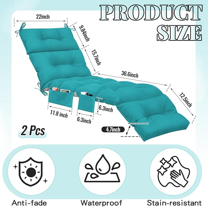 Kigley 2 Pcs Outdoor Chaise Lounge Cushions with 3 Side Pocket 74.5 x 22 x 4.7 Inch Patio Chaise Lounge Cushion, Water-Repellent and Fade-Resistant Tufted Summer Replacement(Royal Blue)