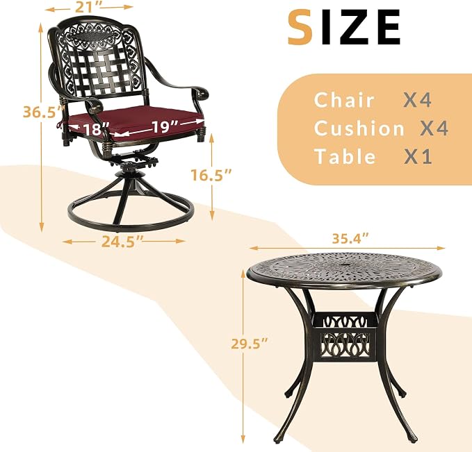 5 Piece Patio Dining Set, Outdoor Table and Chairs Set for 4 Cushioned Swivel Rocking Chairs and 35.4'' Round Table, All-Weather Cast Aluminum Patio Funiture Set, 2'' Umbrella Hole, Red