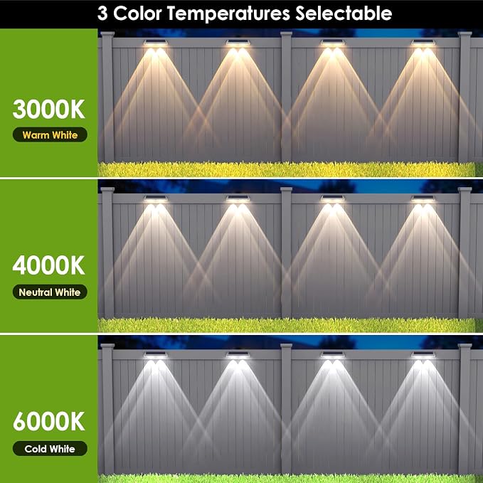 LIANGLOME 2 Pack Solar Fence Lights - 2PK Solar Outdoor Light Warm White/Daylight White/Cold White 3 Mode Deck Lights for Outside, Deck Fences, Stair Railings, Pools and Walls